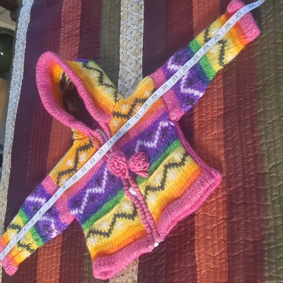 Handmade knit cowichan style boho rainbow wool zip front hooded baby sweater - Picture 16 of 16